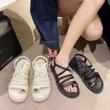 Summer 2024 new thick soled beach casual Caligae cross tie design toe sandals for women 35 бежевый