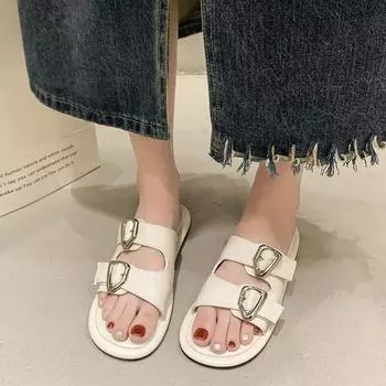 Summer 2024 New Thick Soled Roman Shoes Women s Retro Round Head Double Buckle Casual Flat Beach Slippers 35 чёрный