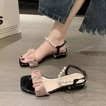 Summer 2024 Outdoor Sandals for Woman Buckles Footwear Open Toe Women s Shoes Beige with Low Heels Korea Comfortable and Elegant 35