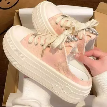 Лето 2024 Кроссовки Женские тапочки и сандалии Женские спортивные шлепанцы с бантом Туфли на высоком каблуке Круглый носок Хлопок Юниор Белый 35 чёрный