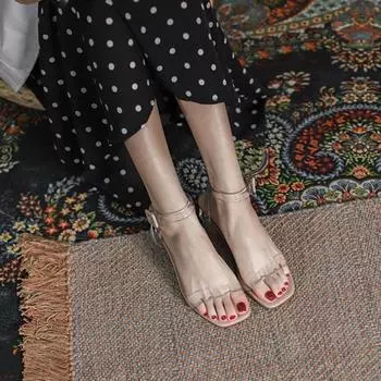 Summer 2024 with Medium Heels Women s Shoes Footwear One Word Transparent Clear Square Sandals for Woman Korea Asian Size Luxury 35