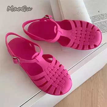 Summer 2024 Women Roman Jelly Sandals Retro Flat Transparent Crystal Beach Sandals Round Toe Casual Hollow Out Designer Shoes 36 чёрный