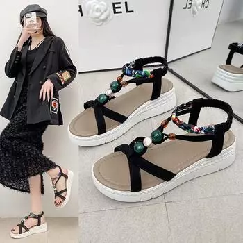 Summer 2025 ethnic sandals women s bohemian beach heel beaded large size women s shoes 36 чёрный