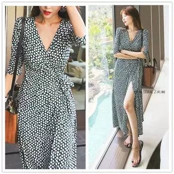 Summer 2025 New Arrival K-style Women s Clothing Fashion Polka Dot Print Dress Women s Shoelace Waist-Tight Slim Dress Dress Same model M