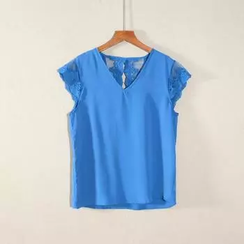 Summer 2025 New Arrival Women s Clothing Loose Pure Color K-style Short Sleeve V Neck Backless Lace Patchwork T-shirt Age-Reducing Fashion Blue S