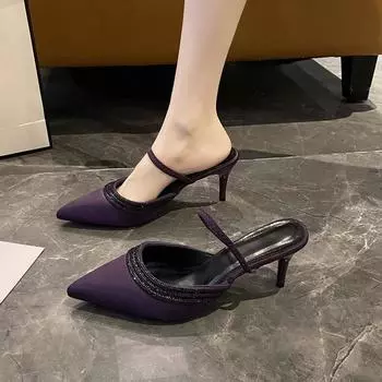 Summer 2025 new feng shui drill point bag head women s fashion large size stiletto slippers 35 бежевый