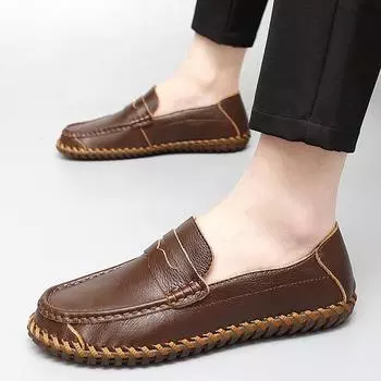 Summer 2025 new first-layer cowhide large-size Doudou shoes, hand-sewn soles, lazy feet, men s rest Shoes 38
