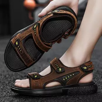 Summer 2025 new large size first layer cowhide explosion casual men s sandals outdoor handmade Velcro men s shoes 38 коричневый