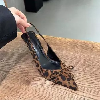 Summer 2025 new pointed leopard print high heels bow bag head sandals sexy thin heel empty shoes 35 чёрный