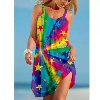 Summer 2025 Rainbow Color Printing And Painting Style Women s Sexy Wide Brimmed Suspender Dress S