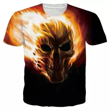 Summer 3D Digital Printed Flame Skull Men s Round Neck T-shirt S