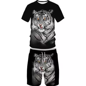 Summer 3D Personalized Tiger Picture Quick Drying Breathable Ice Silk Five Point Shorts Short Sleeve T-shirt Set S