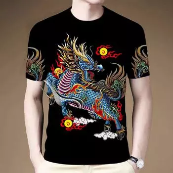 Летняя футболка с 3D-принтом в стиле ретро Kirin Beast Series для мужчин, персонализированная креативная, с круглым вырезом, большой короткий рукав XS