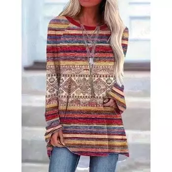 Summer 3D Printed T-shirt Women s Long Sleeved Top T-shirt Retro T-shirt Women s Round Neck S