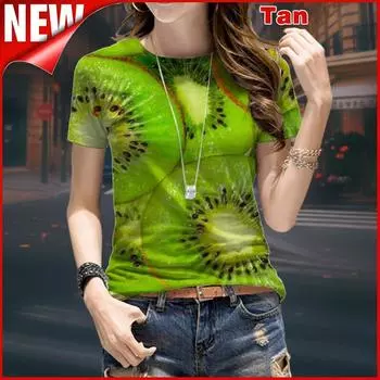 Summer 3D Printing Fruit T-shirt Women Leisure 3D T-shirt Light Green Kiwi Fruit S