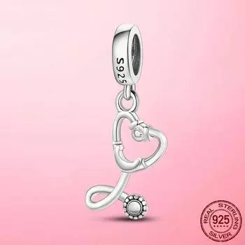 Summer 925 Sterling Silver Stethoscope Heart Dangle Charm Fit Original Fashion Beads Bracelet 925 Silver DIY Jewelry