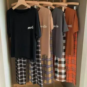 Summer and Spring Sleepwear Women s Solid Color Short Sleeve Checkered Pants Large Size Comfortable Breathable Pullover Top Trouser Nightwear One Size оранжевый