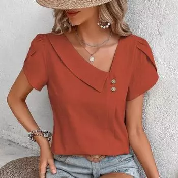 Summer and Spring Women s Fashion Casual Shirts Solid Color Shirt Print Short Sleeve Shirts S абрикосовый