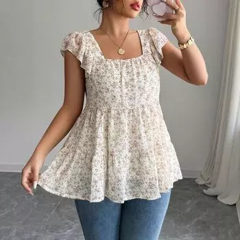 Summer and Spring Women s Tops with A Simple Vacation Style Floral Bouquets and A High-end Feel S абрикосовый