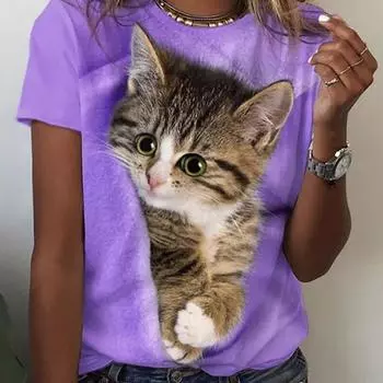 Summer Animal Cat Printed Large Short Sleeve Round Neck T-Shirts Women’s S