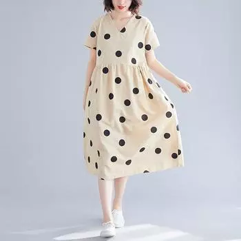Летнее художественное свободное платье из хлопка и пеньки с V-образным вырезом, короткими рукавами, средней и длинной длины для женщин M абрикосовый