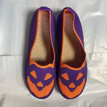 Summer Autumn Flats Women Scoop Shoes Halloween Pumpkin Knitted Fabric Casual Shoes Soft Soles Slip-on Loafers All Hallows Day 36 серый