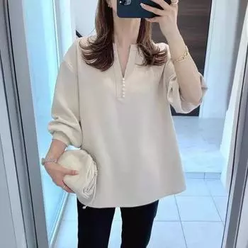 Лето Осень Японская мода свободная V-образный вырез длинный рукав блузка однотонный цвет гвоздь бисер топ для женщин футболка one size хаки