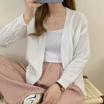 Лето осень Вязаный кардиган Кардиган ленивый свободный однотонный с длинными рукавами рубашка с кондиционером Свитер белый кардиган One Size