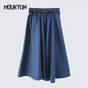 Summer Autumn Women Denim Jeans Skirts A Line Casual Belt Skirt High Elastic Waist One Size темно-синий