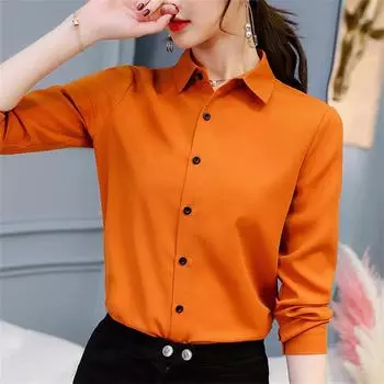 Лето Осень Женская Офисная Рубашка Корейская Мода Slim Fit Повседневная Блузка Топы Дамы Отворот Длинный Рукав База Шифон Рубашки M