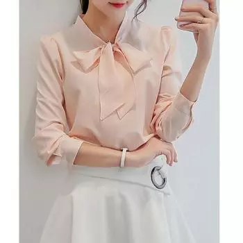 Лето Осень Женская розовая белая шифоновая блузка модная корейский стиль галстук-бабочка воротник женская рубашка офисная повседневная с длинным рукавом базовый топ M белый