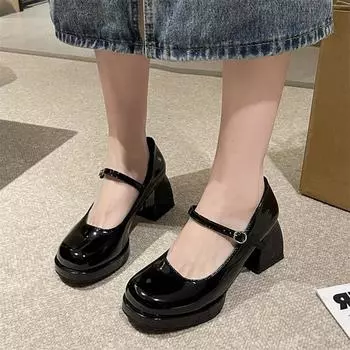 Лето Осень Женские Туфли Лолита на высоком каблуке Туфли Мэри Джейн на толстой подошве Женские элегантные вечерние платья Туфли-лодочки Туфли из лакированной кожи 3.5