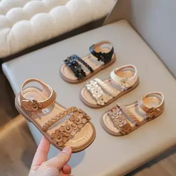 Летние тапочки для девочек, детские тапочки с мягкой подошвой, удобные нескользящие сандалии для малышей, принцессы, сандалии с цветами, пляжная обувь 22 бежевый