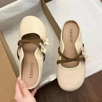 Summer bag head flat bottom one pedal lazy shoes new round head flower half slippers with skirt versatile slippers 35