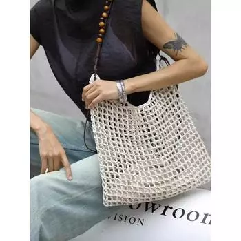 Summer Beach Bag Raffia Woven Bag Beaded Retro Underarm Bag Large Capacity Shopping Bag Shoulder Tote Bag Women White