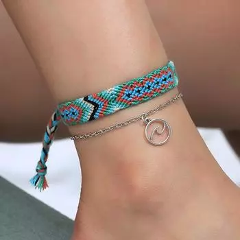 Summer Beach Double-layered Round Wavy Anklet National Wind Hand-knitted Foot Ornament ARI