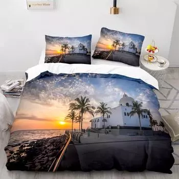 Summer Beach Duvet Cover King Queen Ocean Bedding Set Hawaiian Palm Trees Marine Life Sea Waves Fish Polyester Comforter Cover 70x133cm 2pcs