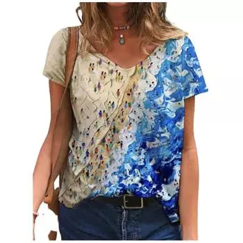 Summer Beach T Shirts For Women 3XL Size Creative Print Tops Casual Loose Pullover V-Neck T Shirt Female Short Sleeve Tops S