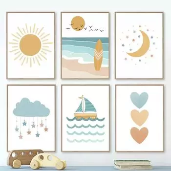 Summer Beach Whale Dolphin Fish Sun Moon Stars Wall Art Canvas Prints Wall Pictures Kawaii Nautical Baby Kids PostersRoom Decor 21x30cm No Framed