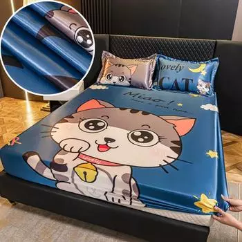 Summer Bedsheet and Pillowcase Cartoon Style Fitted Sheet Set Smooth Bed Cover Queen Size Bed Linen Silky Mattress Cover sabanas Queen 3pcs set