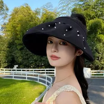 Summer Big Brim Topless Hat Fashion K-style Pearl Shell-like Bonnet Women s Fancy Outdoor Travel Sun Protection Sun Hat 8850-Black