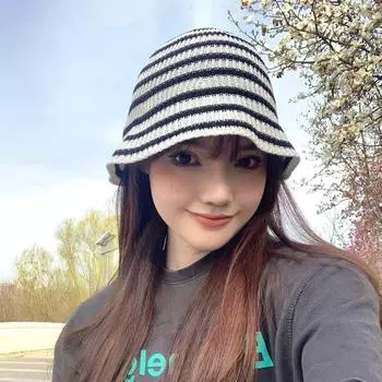 Летняя черно-белая полосатая панама для женщин, дышащая, солнцезащитная, модная, вязаная, японская, универсальная, пляжная шляпа 56-58cm белый
