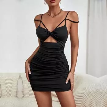 Летнее черное темпераментное сексуальное платье-халтер, однотонное плиссированное платье-халат, шикарное, удобное, универсальное, темпераментное, элегантное, повседневное, женская одежда S чёрный