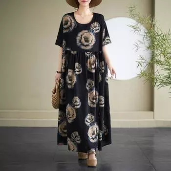 Летнее бохо-цветочное платье с короткими рукавами и круглым вырезом с принтом, длинное для женщин one size чёрный