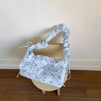 Summer Bow Floral Small Bag Women 2025 New Fashion Pleat Canvas Underarm Bag Artistic Style Messenger Bag Blue