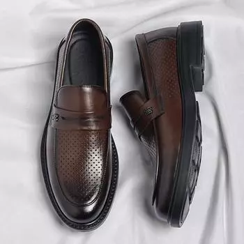 Summer Breathable Men Loafers Casual Leather Shoes Punching Moccasins Non-Slip Driving Shoes Comfort Slip on Business Low Heels 38