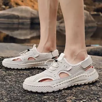 Летние дышащие сетчатые сандалии мужские полые легкие дырчатые повседневные тапочки 38 чёрный