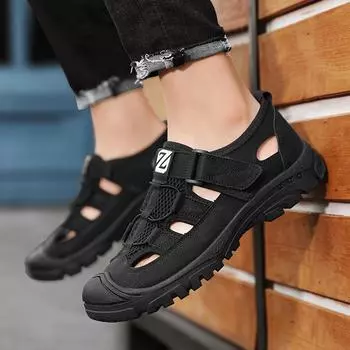 Summer breathable trend beach shoes wear non-slip bag head driving cool slippers hollow men s shoes versatile casual sandals 39 чёрный
