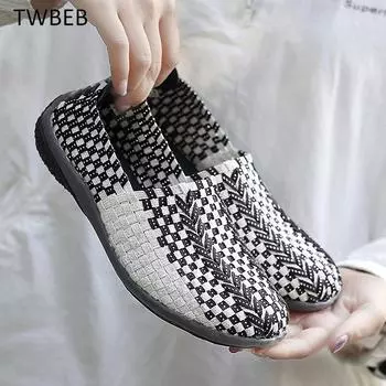 Летние дышащие женские мокасины из плетеного нейлона ручной работы, эластичные, плоские, блестящие, зеленые, повседневные туфли 35 чёрный