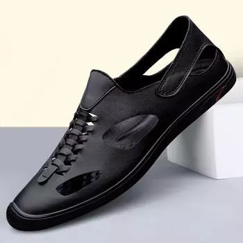 Summer Business Mens Sandals High Quality Leather Soft Casual Shoes Anti Slip Hollow Out Beach Sandals Comfortable Male Sandalia 37 чёрный